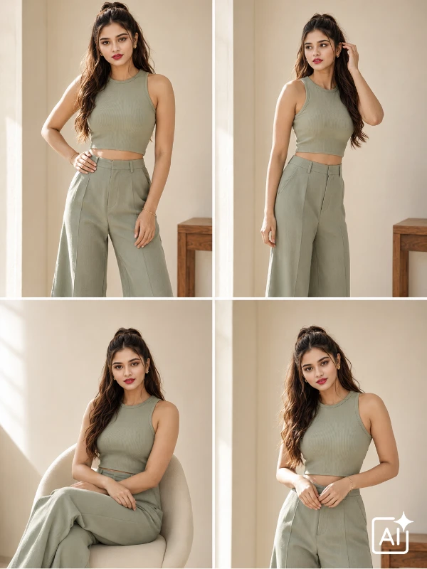 Indian woman in sage green co-ord set inside minimalist bright interior, soft lifestyle mood
