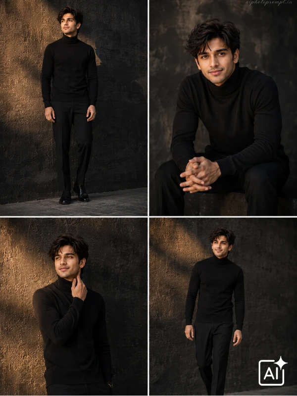 Young Indian man in black turtleneck against dark concrete wall, moody high fashion mood