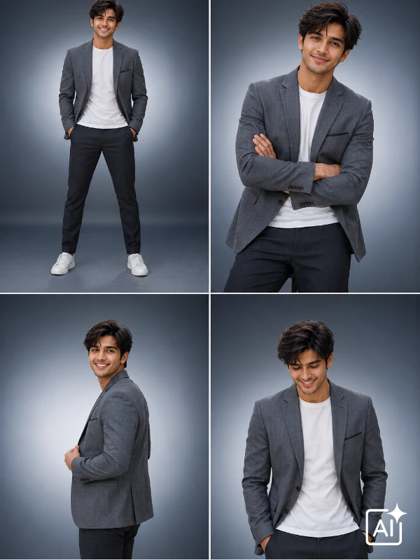 Young Indian man in grey blazer against blue grey studio backdrop, sophisticated corporate mood