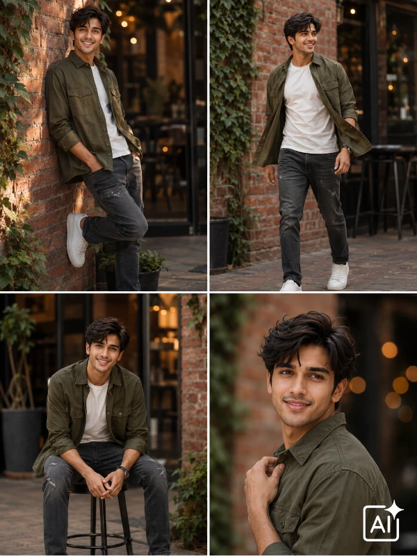 Young Indian man in olive overshirt near red brick cafe wall, golden hour candid mood