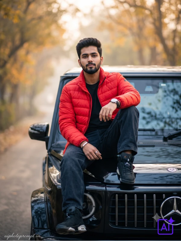 Young Indian man in red puffer jacket sitting on black G-Wagon hood, foggy morning, confident mood