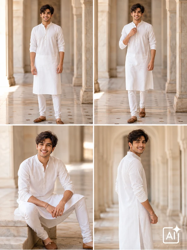 Young Indian man in white kurta standing in sunlit marble corridor, festive elegant mood