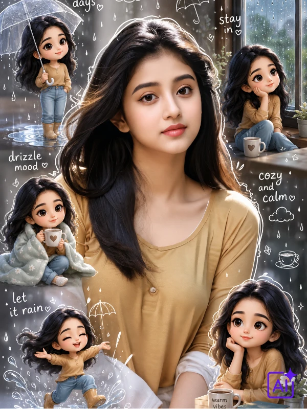 girl by rainy window with umbrella doodles and cozy blanket chibi figures, calm mood