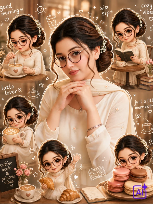 girl holding oversized latte cup with chibi cafe doodles and steam swirls, cozy mood