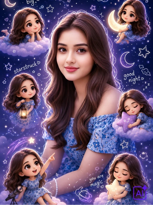 girl under starry night sky with moon doodles and floating chibi figures, dreamy mood